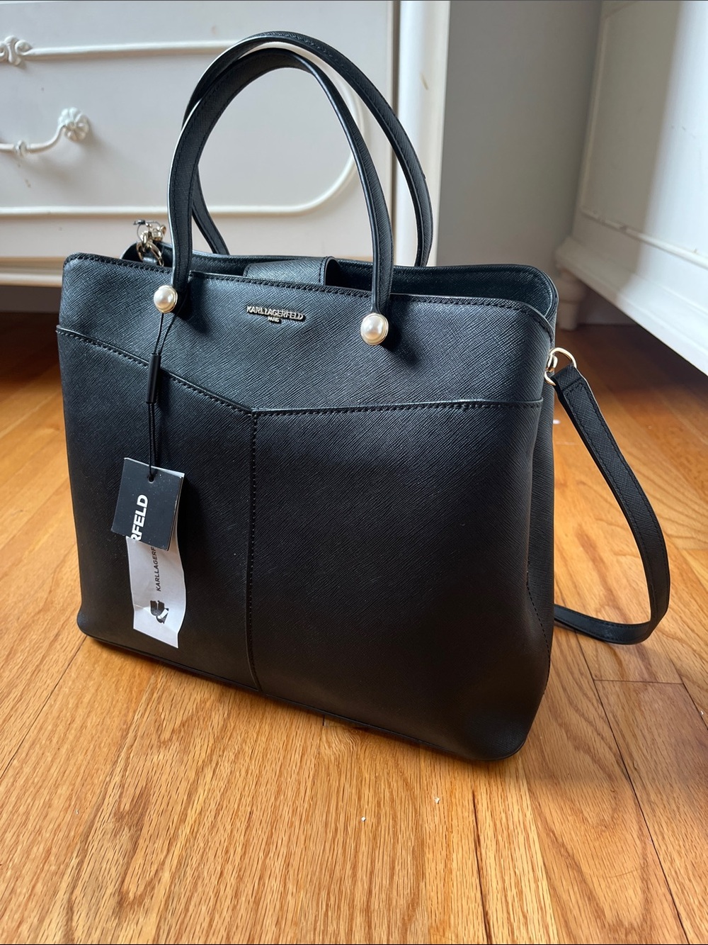 Karl Lagerfeld Black Saffiano Tote with Pearl Handle Accents